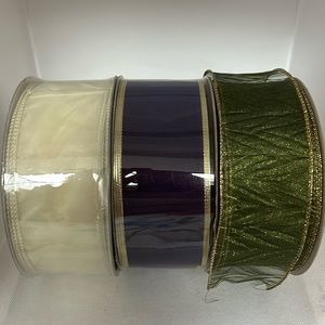 Bundle of 3 Rolls of Wired Ribbon 55 yards Purple / Green / Cream